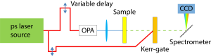 Schematic of the Ultra Kerr-gated fluorescence setup. The red beam is the 1030nm output from the ytterbium laser which is used to drive the tunable OPA and the Kerr-gate. The blue beam is the pump beam, and the dashed green line represents the fluorescence from the sample.