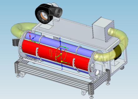 Prototype CAD drawing of a Vulcan 20-20 disc amplifier design. The amplifier, which is a large horizontal cylinder, has a tube installed in it from one end to the other.